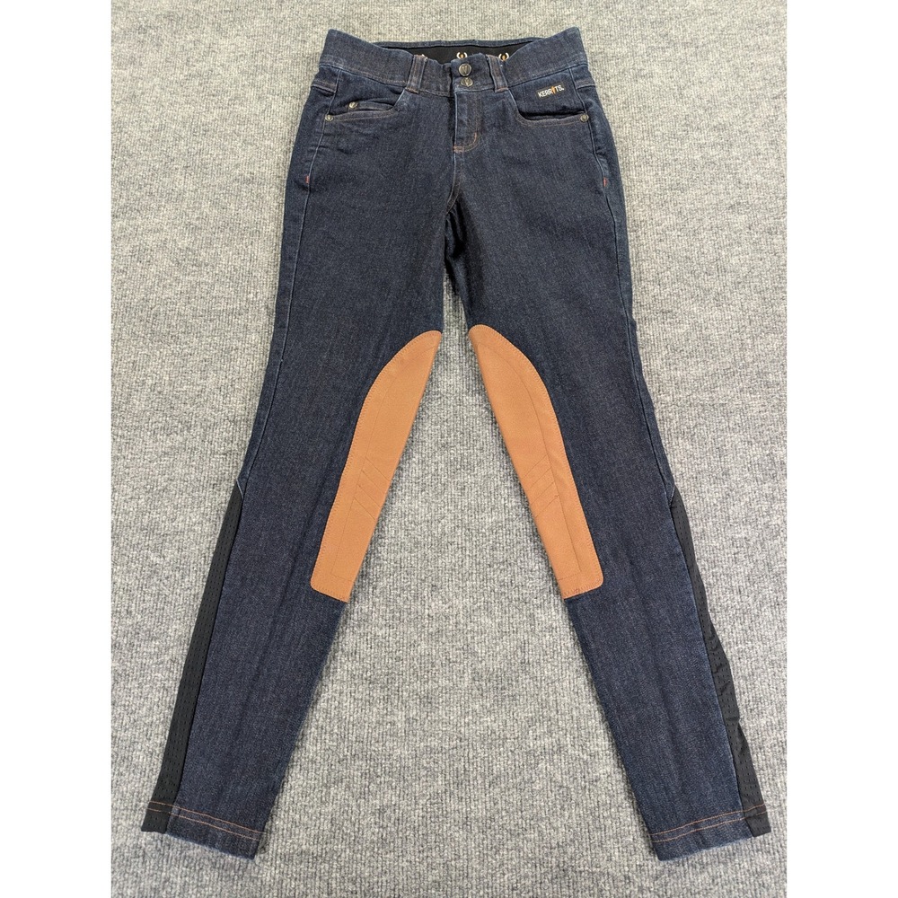 Kerrits Womens Denim Riding Breeches Dark Wash Tan Knee Patch XS Equestrian
